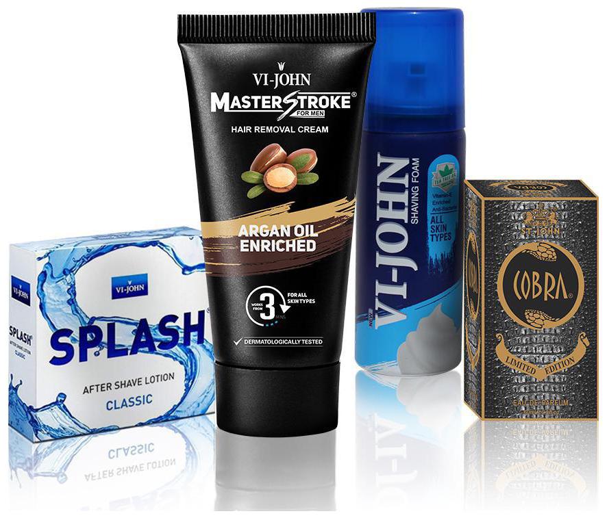 

VI-JOHN Men Shaving Kit (Shave Foam All Skin Type 50 g After Shave Splash 50 g Master Stroke Hair Removal Cream Argan Oil 60 g Perfume Cobra Limited Edition 60 ml)