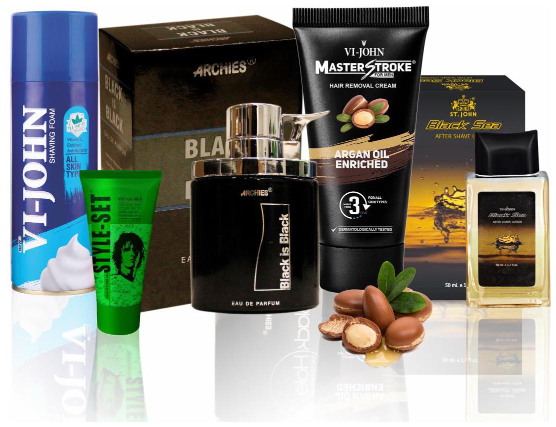 

VI-JOHN PREMIUM SHAVING KIT (SHAVE FOAM ALL SKIN TYPE 50g Master Stroke Hair Removal Argan 60g After shave Lotion Black Sea 50g Hair Gel 25g PERFUME BLACK IS BLACK 100ml )