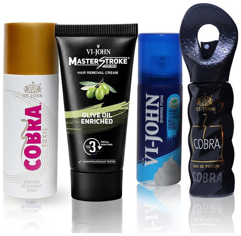 

VI-JOHN Shaving Grooming Kit(Deo Cobra Toixc 150 ml Shave Foam All Skin Type 50 g Master Stroke Hair Removal Cream Olive Oil 60 g Cobra 30 ml Perfume)