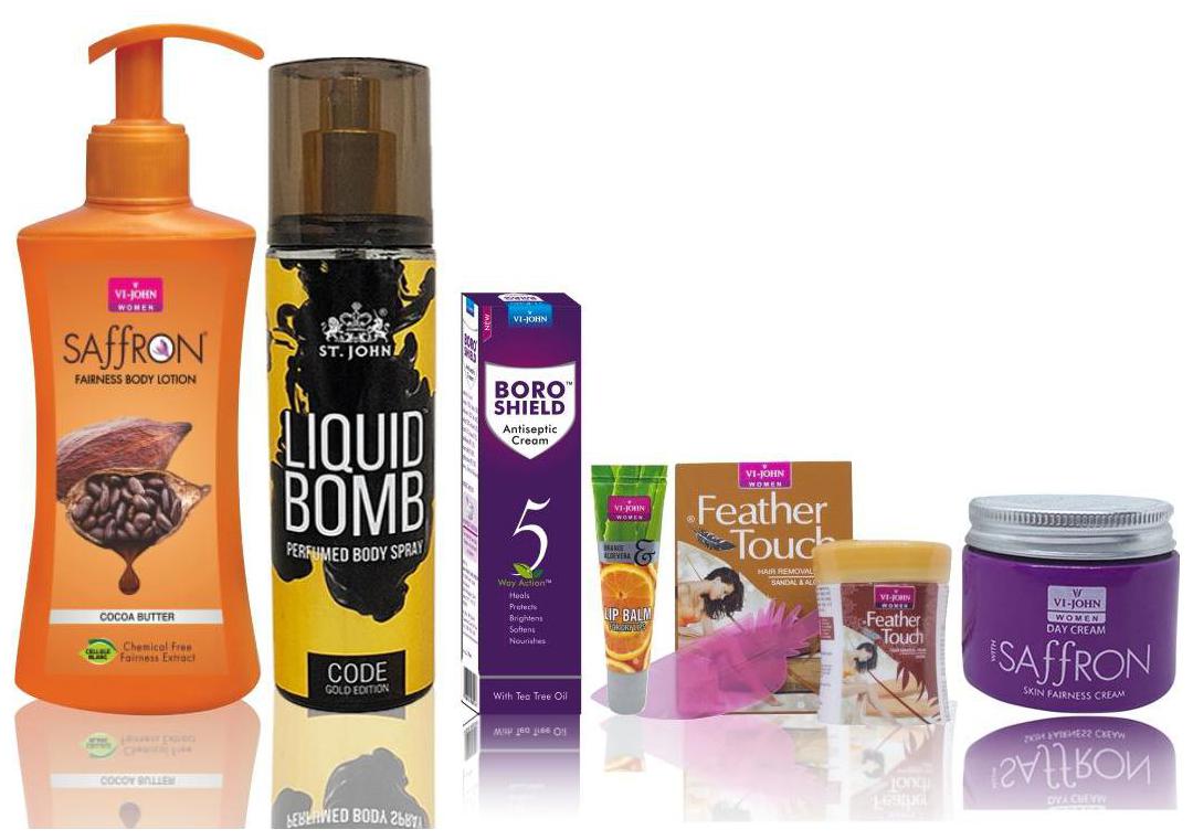 

Vi-John Winter Care Kit For Women (Body lotion CoCoa Butter Hair Removal Sandal Lip Balm ORANGE ALOEVERA 10 Boroshelid Cream 19ml Saffron Day Cream Deo Gold Edition Code 150ml)