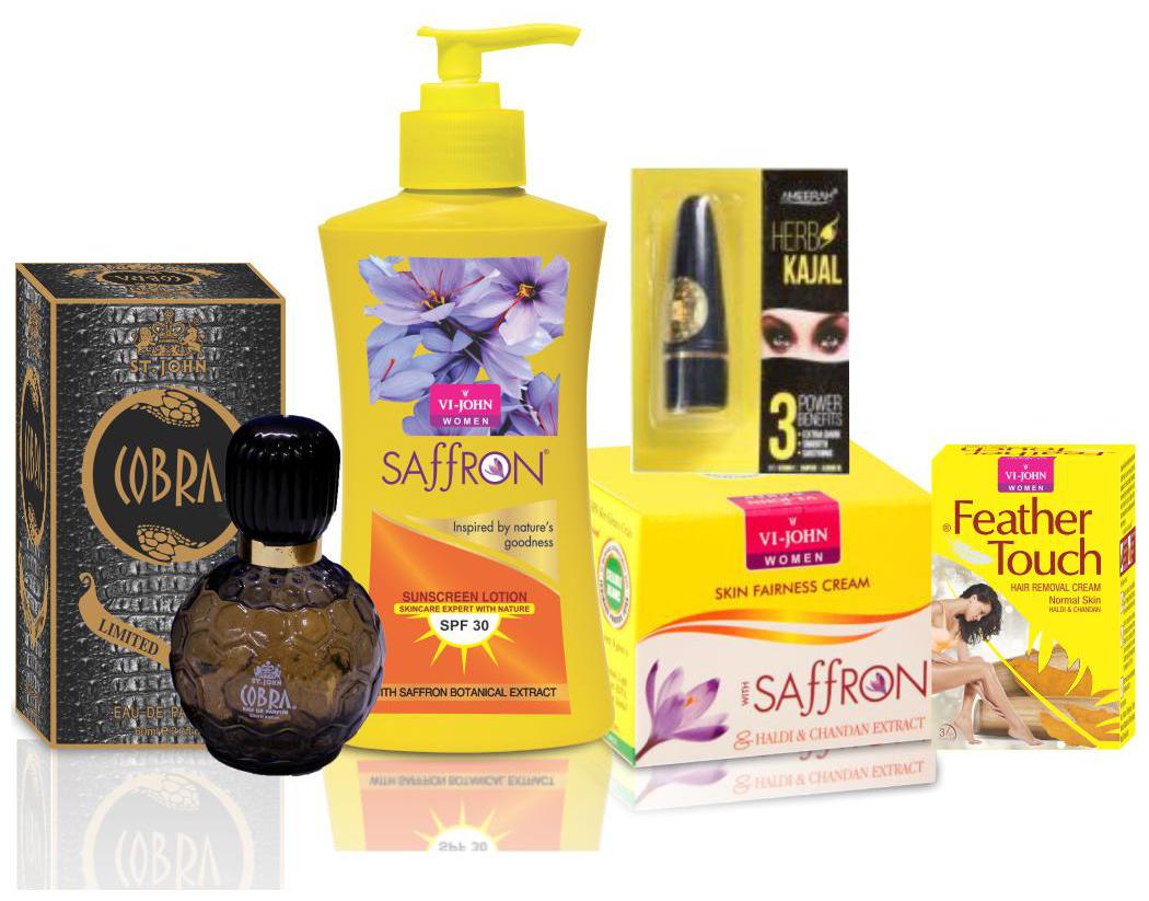 

VI-JOHN Women Care Kit (Hair Remover HALDI CHANDNA 40 g SAFFRON HALDI CHANDAN FAIRNESS CREAM 50g SUNSCREEN BODY LOTION 250ml Perfume COBRA 60ml Kajal 2 5 g)