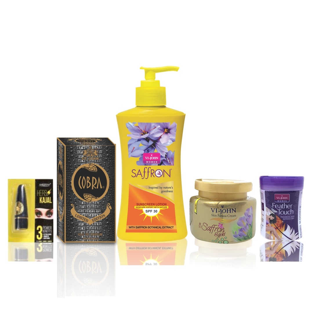 

VI-JOHN Women GIFT SET(Hair Remover honey Saffron 40 g Saffron Advance Fairness Cream 50 g SunScreen Body Lotion 250 ml Perfume Cobra 60ml Kajal 2 5g) Pack of 5