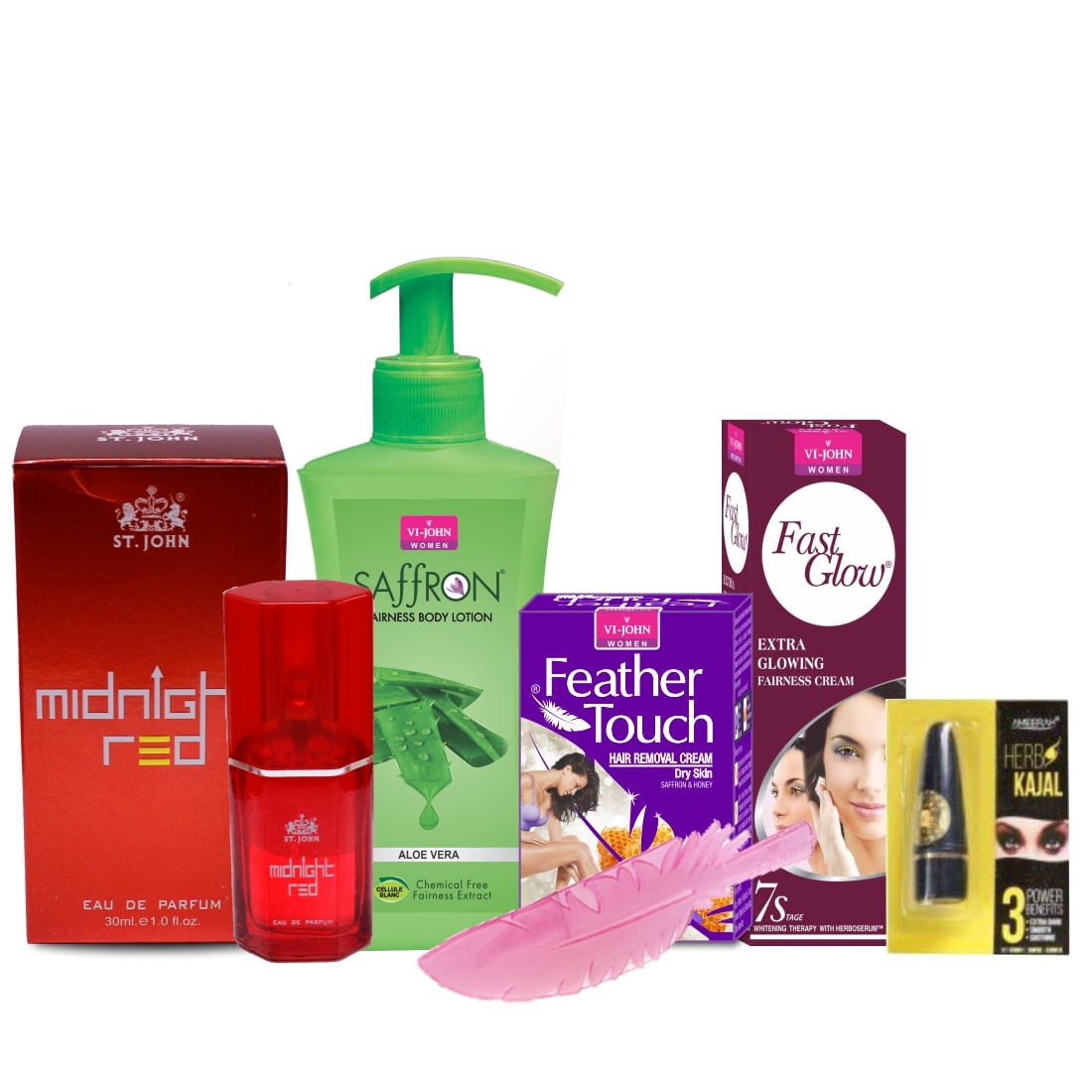 

VI-JOHN Women Care Kit Hair Remover Honey Saffron 40 g Fast Glow Fairness Cream 50 g Body Lotion Aleovera 250 ml perfume MIDNIGHT RED 30ml Kajal 2 5g (Pack of 5)