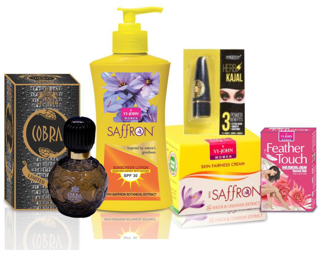 

VI-JOHN Women Care Kit (Hair Remover Rose 40 g SAFFRON HALDI CHANDAN FAIRNESS CREAM 50g SUNSCREEN BODY LOTION 250ml Perfume COBRA 60ml Kajal 2 5 g)