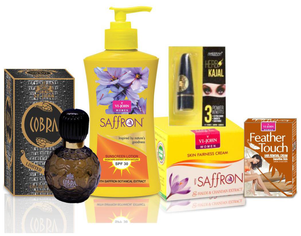 

VI-JOHN Women Care Kit (Hair Remover Sandal 40 g SAFFRON HALDI CHANDAN FAIRNESS CREAM 50g SUNSCREEN BODY LOTION 250ml Perfume COBRA 60ml Kajal 2 5 g)