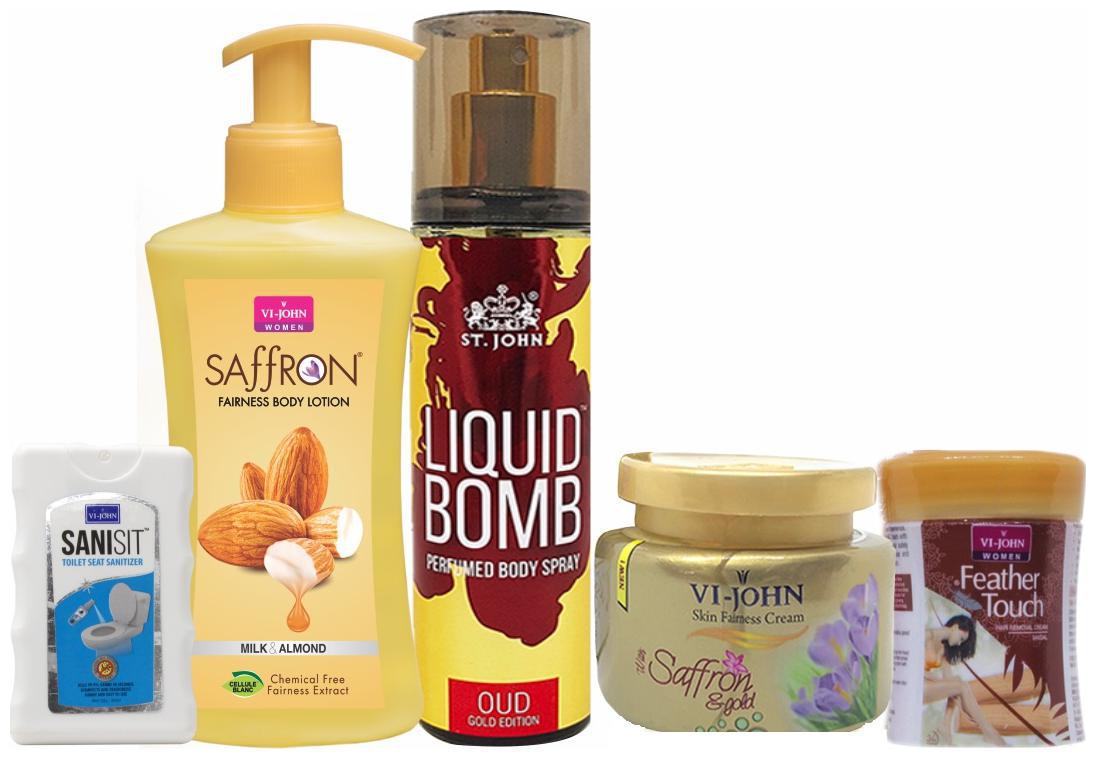 

VI-JOHN Women care kit 1 Vi-John Hair Removal 40 g 1 Vi-John Saffron Fairness Cream 50 g 1 Vi-John Body Lotion 250 ml 1 St John Deodorant 150 ml 1 Vi-John Sansit 20 ml (pack of 5)