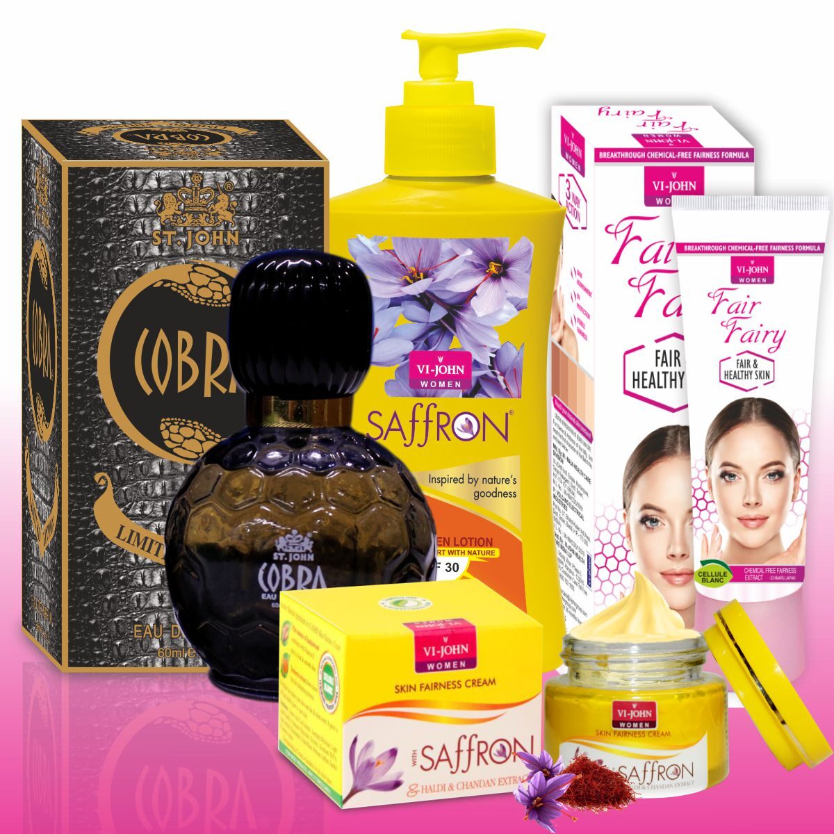 

Vi-John Women Care Kit (Saffron Haldi Chandna Cream 50 g Fair Fairy Cream 50 g Perfume Cobra 60ml Body Lotion Milk Almond 250 ml) (Pack of 4)
