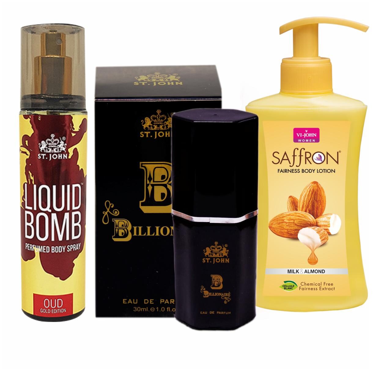

VI-JOHN Women Care Kit Body Lotion Milk Almond 250ml Perfume B BILLIONAIR 30 ml Deo Gold Edition OUD 150ml (Pack Of 3)