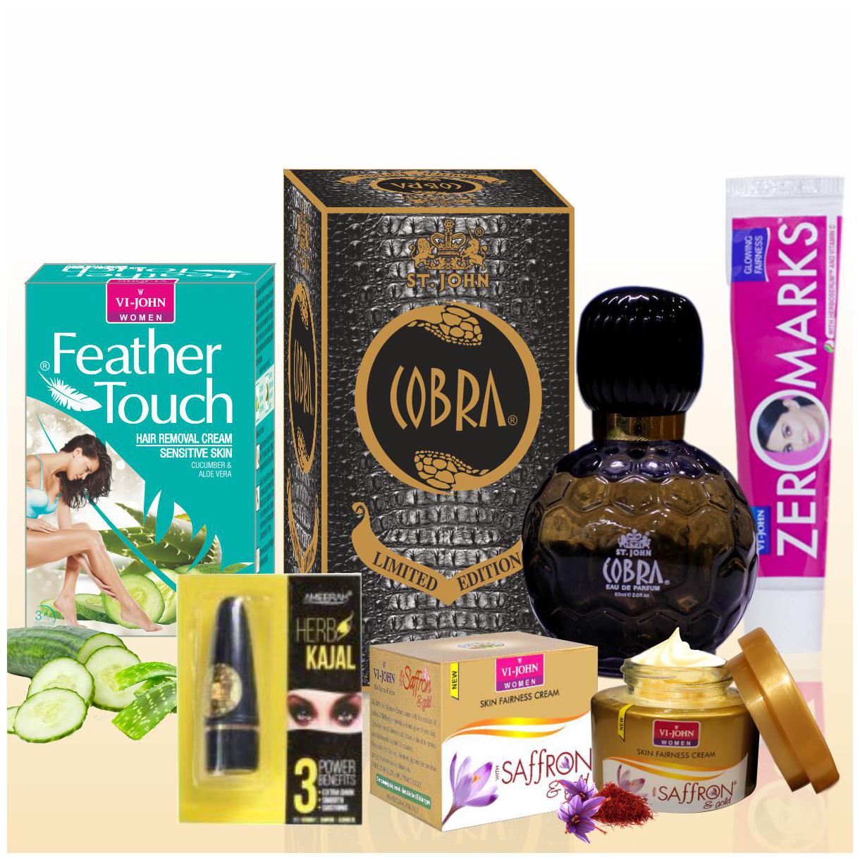 

VI-JOHN Women Beauty Set Hair Remover Aloevera 40 g Saffron Advance Fairness Cream 50 g Zero Marks Cream 25 g perfume COBRA 60ml Kajal 2 5g (Pack Of 5)