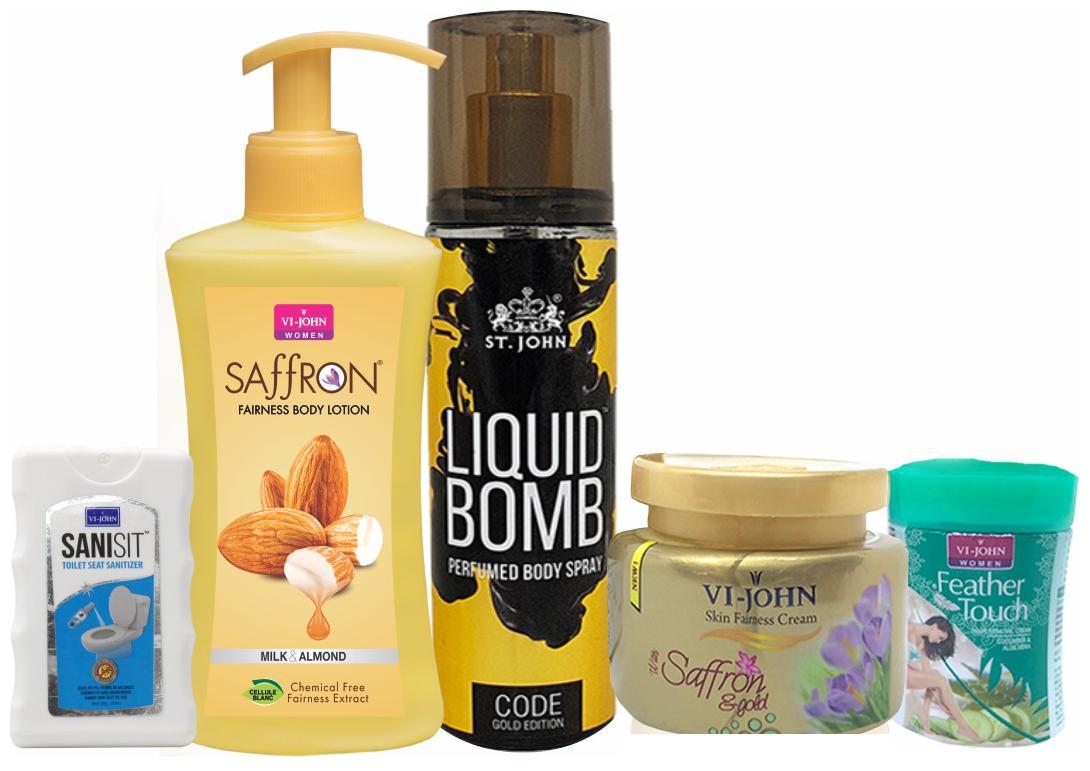 

VI-JOHN Women care kit 1 Vi-John Hair Removal 40 g 1 Vi-John Saffron Fairness Cream 50 g 1 Vi-John Body Lotion 250 ml 1 St John Deodorant 150 ml 1 Vi-John Sansit 20 ml (pack of 5)