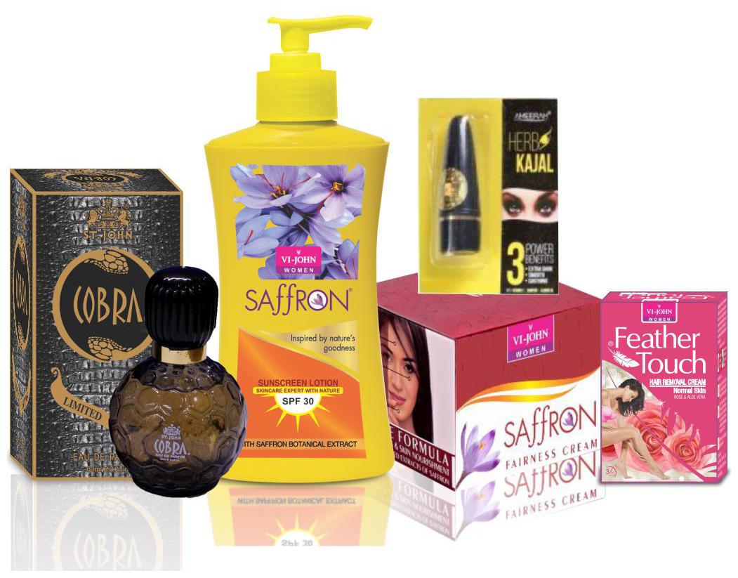

VI-JOHN Women Care Kit (Hair Remover Rose 40 g SAFFRON ADVANCE FAIRNESS CREAM 50g SUNSCREEN BODY LOTION 250ml Perfume COBRA 60ml Kajal 2 5 g)