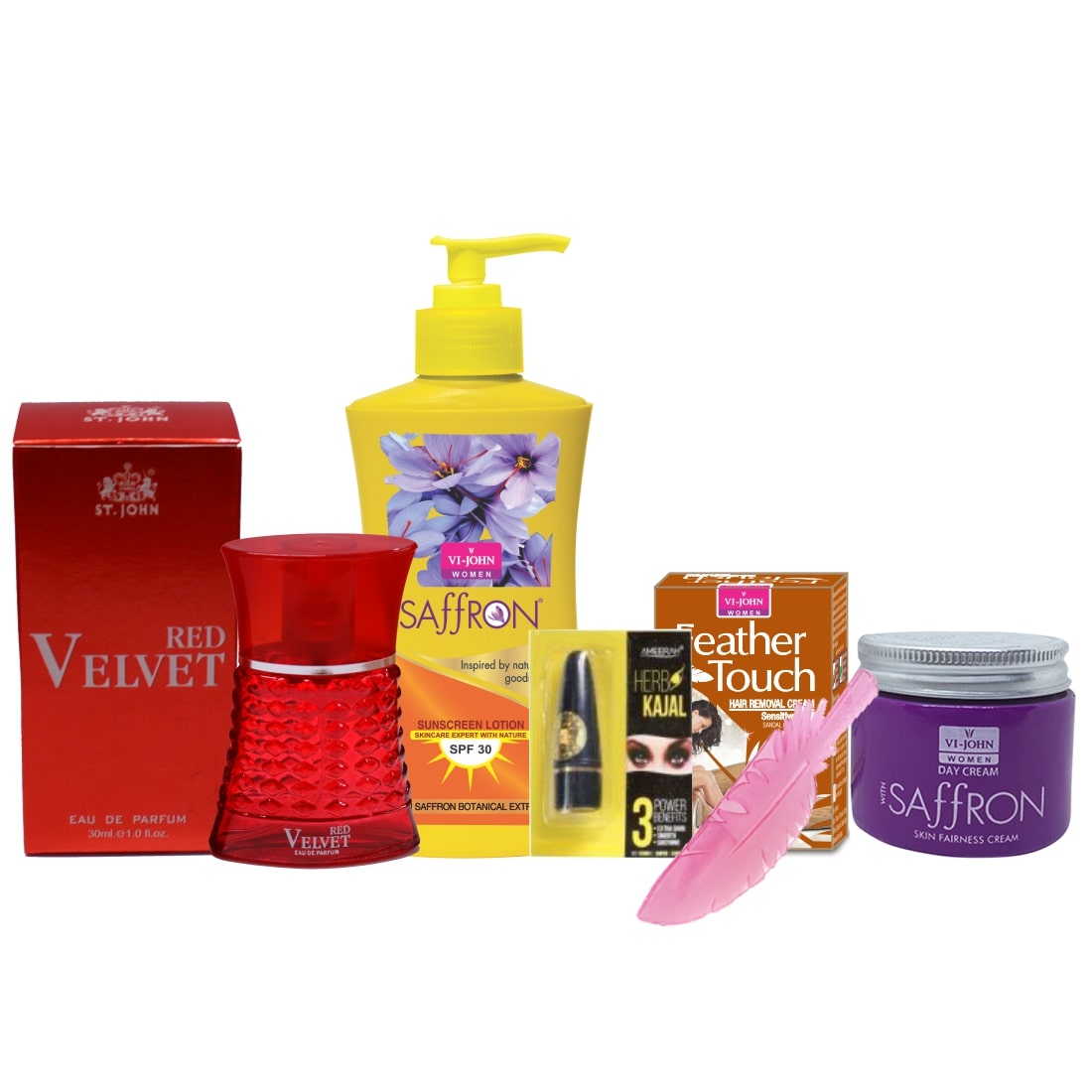 

VI-JOHN Women Care Kit Hair Remover Sandal 40 g Saffron Day Fairness Cream 50 g Sunscreen Body Lotion 250 ml Perfume RED VELVET 30ml Kajal 2 5g (Pack of 5)