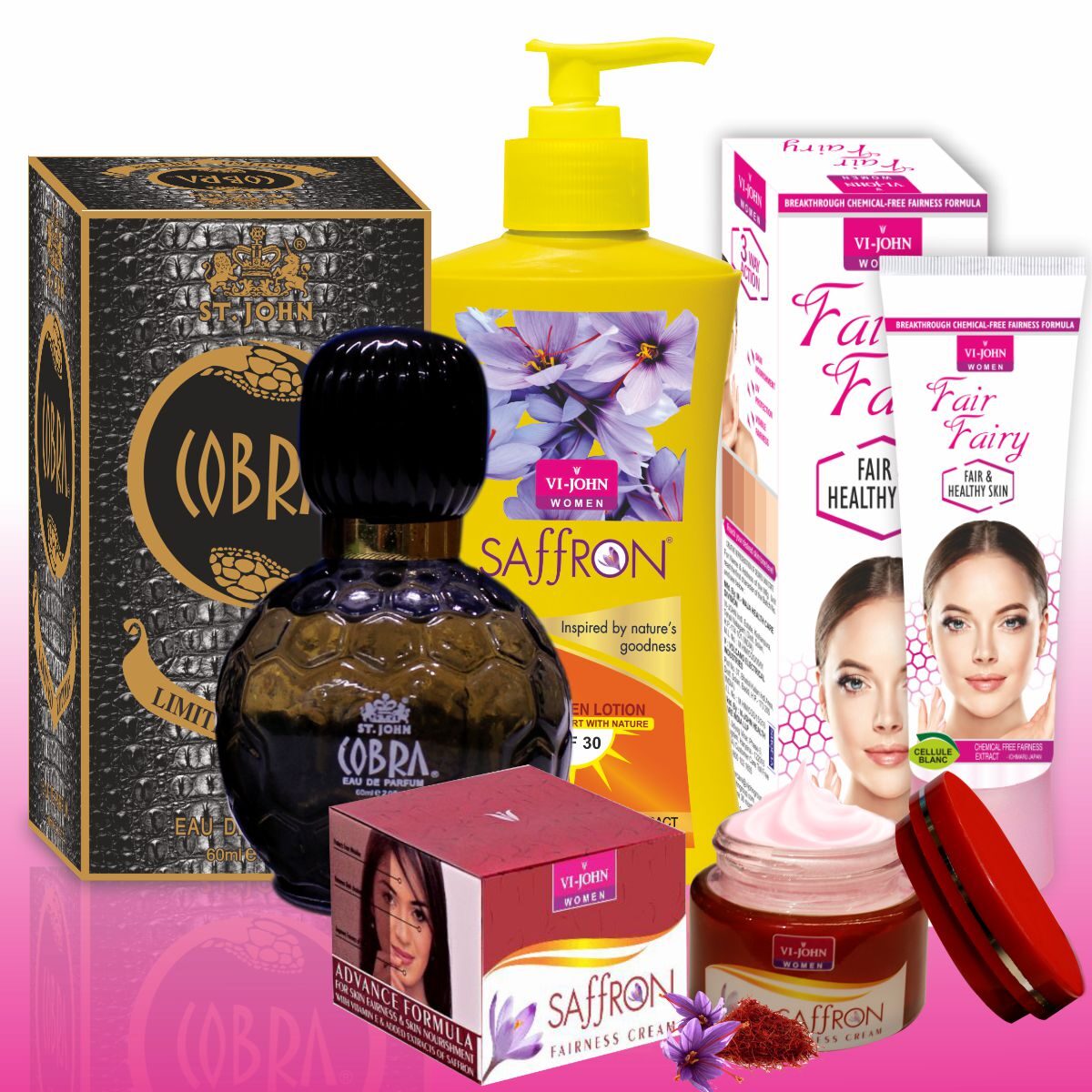 

Vi-John Women Care Kit (Saffron Advance Cream 50 g Fair Fairy Cream 50 g Perfume Cobra 60ml Body Lotion Rose 250 ml) (Pack of 4)