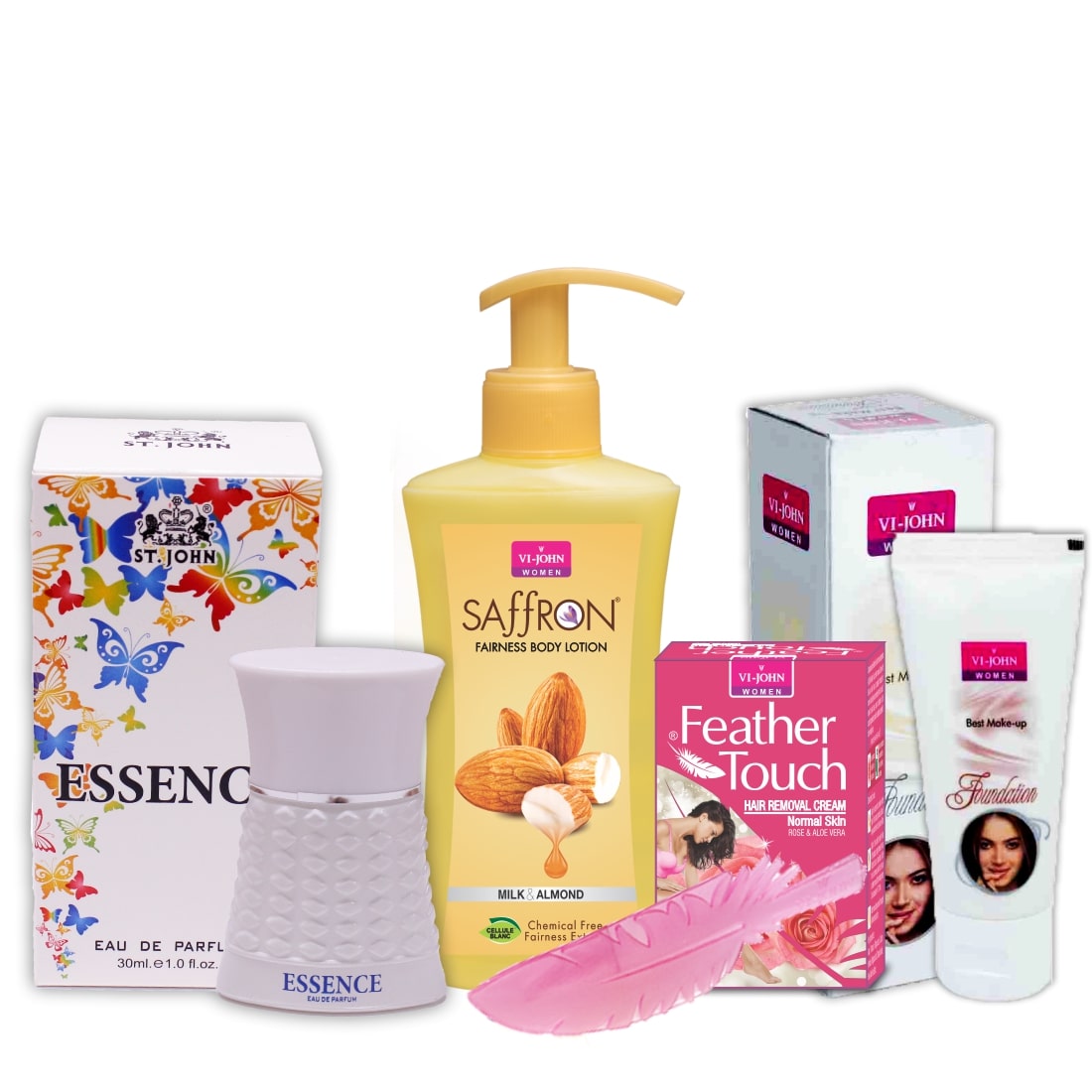 

VI-JOHN Women Care Kit Hair Remover Rose 40 g Liquid Foundation 60g Body Lotion Milk Almond 250 ml Perfume ESSENCE 30ml (Pack of 4)