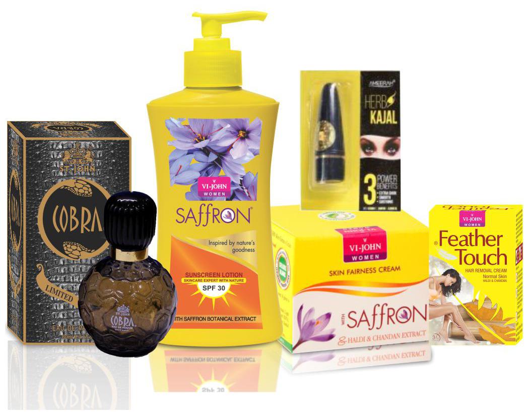 

VI-JOHN Women Care Kit (Hair Remover HALDI CHANDNA 40 g SAFFRON HALDI CHANDNA FAIRNESS CREAM 50g SUNSCREEN BODY LOTION 250ml Perfume COBRA 60ml Kajal 2 5 g)