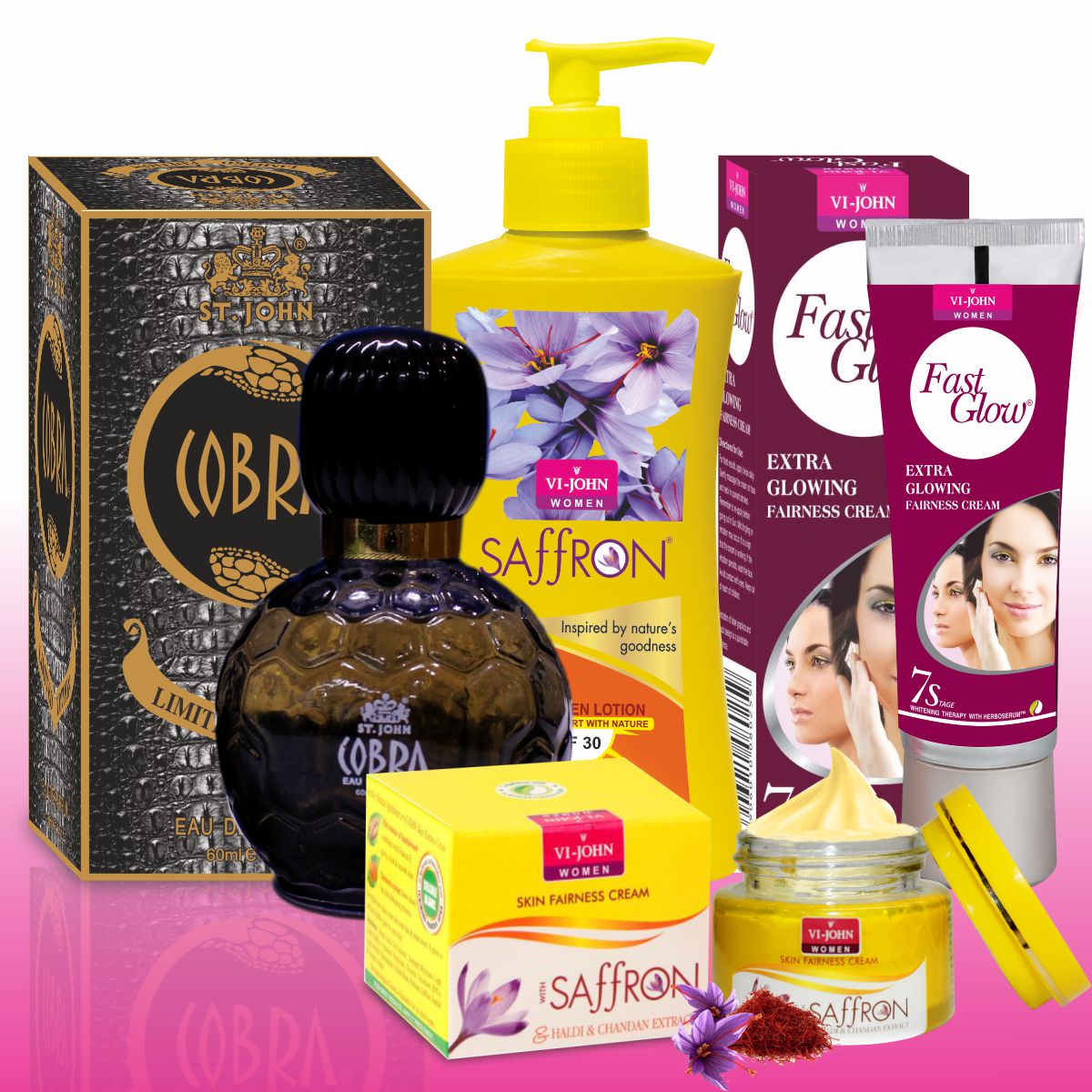 

Vi-John Women Care Kit (Saffron Haldi Chandna Cream 50 g Fast Glow Cream 50 g Perfume Cobra 60ml Body Lotion Rose 250 ml) (Pack of 4)