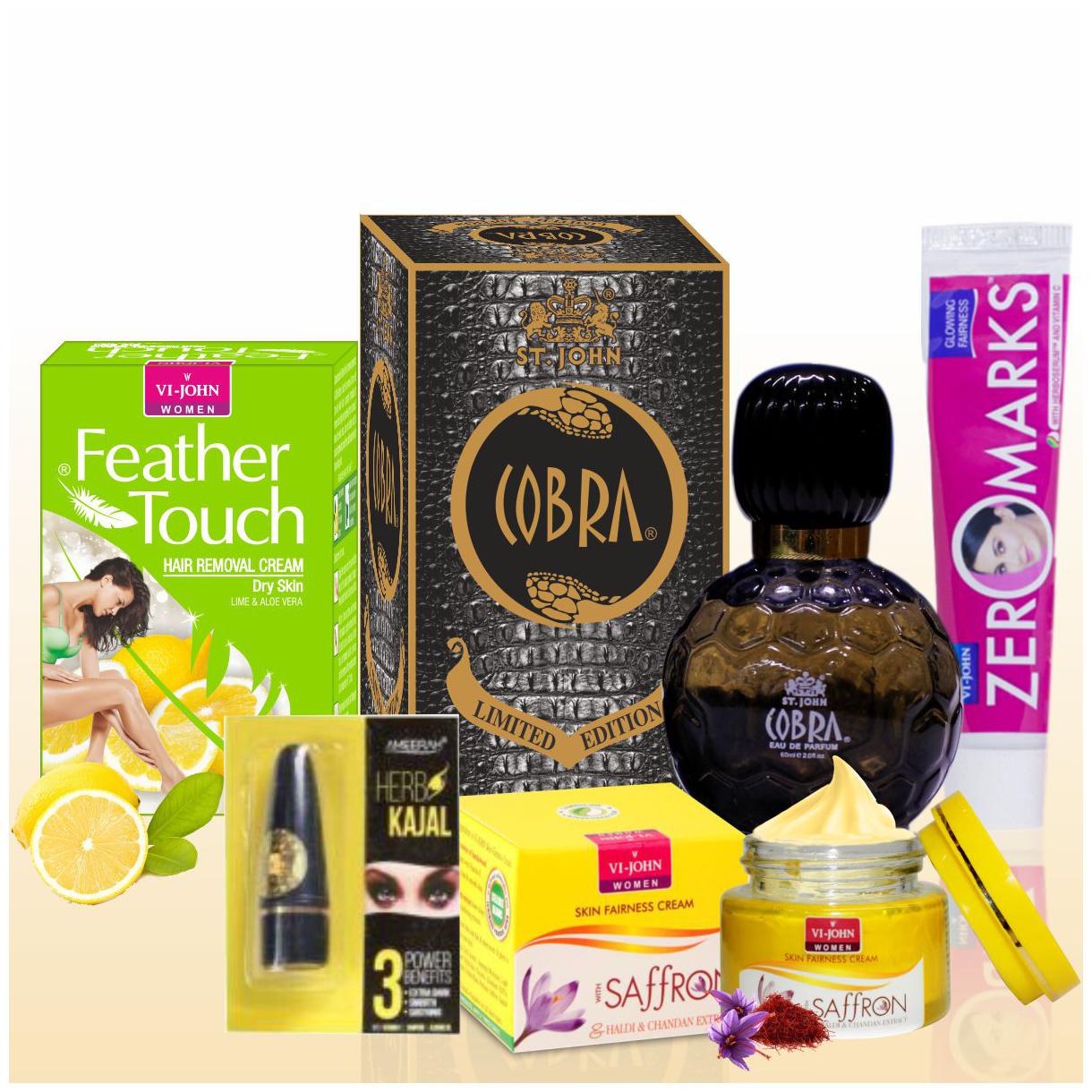 

VI-JOHN Women Beauty Set Hair Remover Honey Saffron 40 g Saffron Advance Fairness Cream 50 g Zero Marks Cream 25 g perfume COBRA 60ml Kajal 2 5g (Pack Of 5)