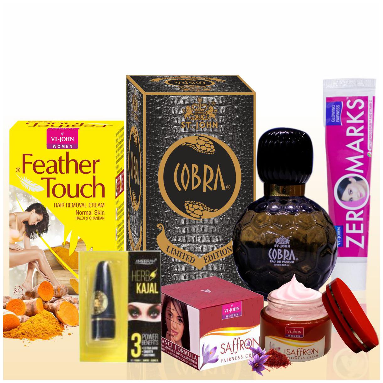 

VI-JOHN Women Beauty Set Hair Remover Haldi Chandan 40 g Saffron Gold Fairness Cream 50 g Zero Marks Cream 25 g perfume COBRA 60ml Kajal 2 5g (Pack Of 5)