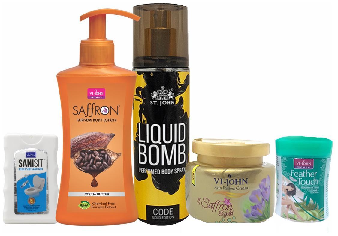 

VI-JOHN Women care kit 1 Vi-John Hair Removal 40 g 1 Vi-John Saffron Fairness Cream 50 g 1 Vi-John Body Lotion 250 ml 1 St John Deodorant 150 ml 1 Vi-John Sansit 20 ml (pack of 5)
