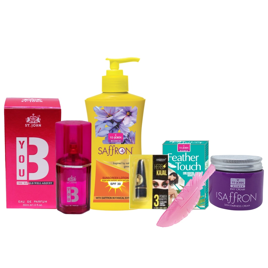 

VI-JOHN Women Care Kit Hair Remover Cucumber 40 g Saffron Day Fairness Cream 50 g Sunscreen Body Lotion 250 ml Perfume YOUB 30 ml Kajal 2 5g (Pack of 5)