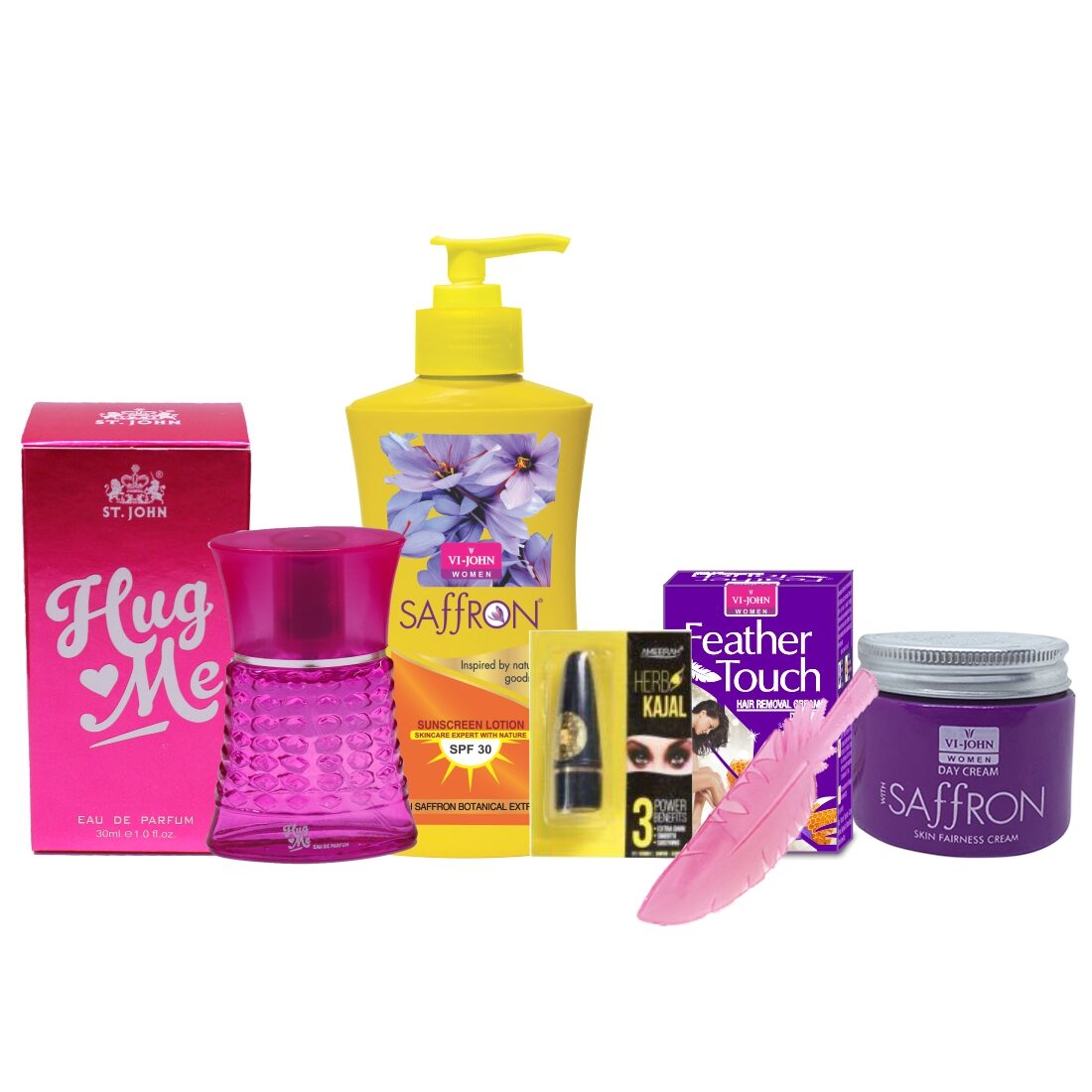 

VI-JOHN Women Care Kit Hair Remover Honey Saffron 40 g Saffron Day Fairness Cream 50 g SunScreen Body Lotion 250 ml Perfume HUG ME 30 ml KAJAL 2 5g (Pack of 5)