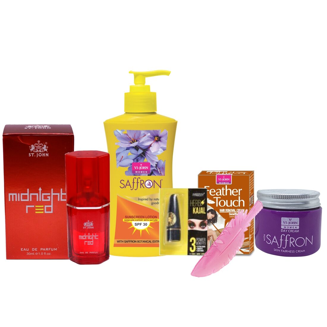 

VI-JOHN Women Care Kit Hair Remover Sandal 40 g Saffron Day Fairness Cream 50 g Sunscreen Body Lotion250 ml Perfume MIDNIGHT RED 30 ml Kajal 2 5g (Pack of 5)