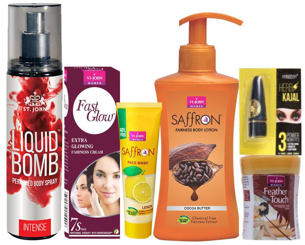 

VI-JOHN Women Skin Care Kit ( Body Lotion 250 ml 1 ST JOHN Deodorant 150 ml Fast Glow fairness Cream 50 g Hair Removal Cream 40 g Kajal 2 5 g Face Wash 21ml)