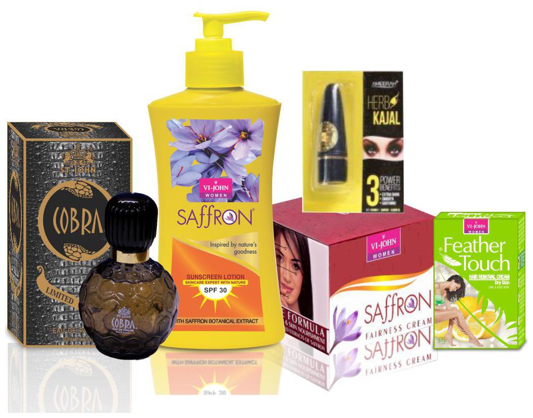 

VI-JOHN Women Care Kit (Hair Remover Lime 40 g SAFFRON ADVANCE FAIRNESS CREAM 50g SUNSCREEN BODY LOTION 250ml Perfume COBRA 60ml Kajal 2 5 g)