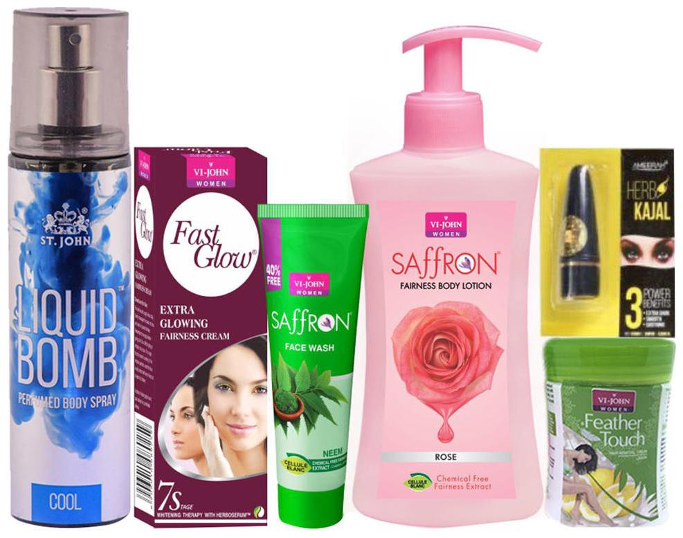 

VI-JOHN Women Skin Care Kit ( Body Lotion 250 ml 1 ST JOHN Deodorant 150 ml Fast Glow fairness Cream 50 g Hair Removal Cream 40 g Kajal 2 5 g Face Wash 21ml)