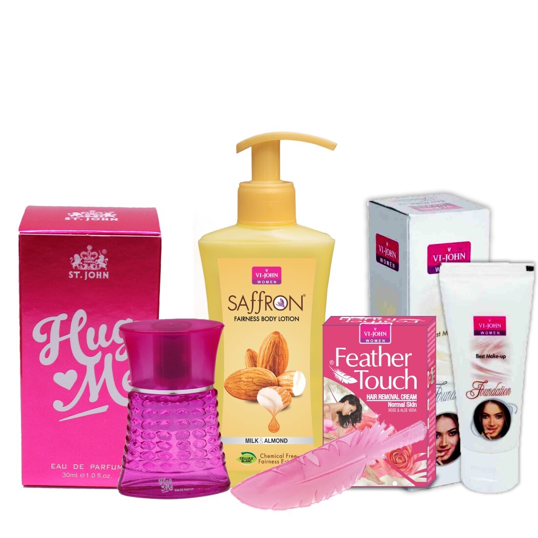 

VI-JOHN Women Care Kit Hair Remover Rose 40 g Liquid Foundation 60g Body Lotion Milk Almond 250 ml Perfume HUG ME 30ml (Pack of 4)
