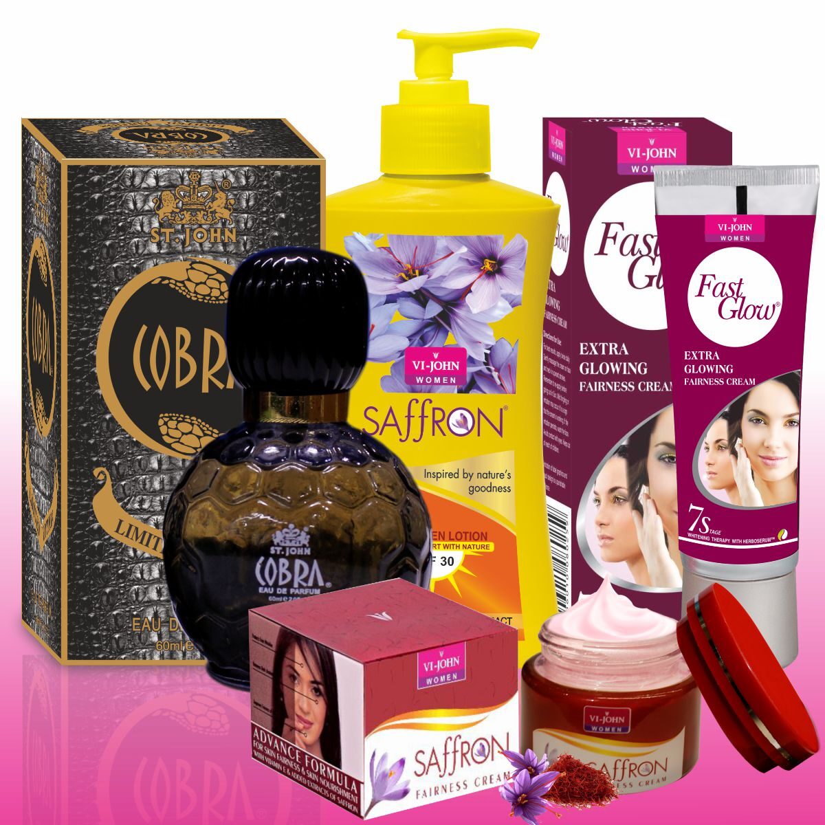 

Vi-John Women Care Kit (Saffron Advance Cream 50 g Fast Glow Cream 50 g Perfume Cobra 60ml Body Lotion Milk Almond 250 ml) (Pack of 4)
