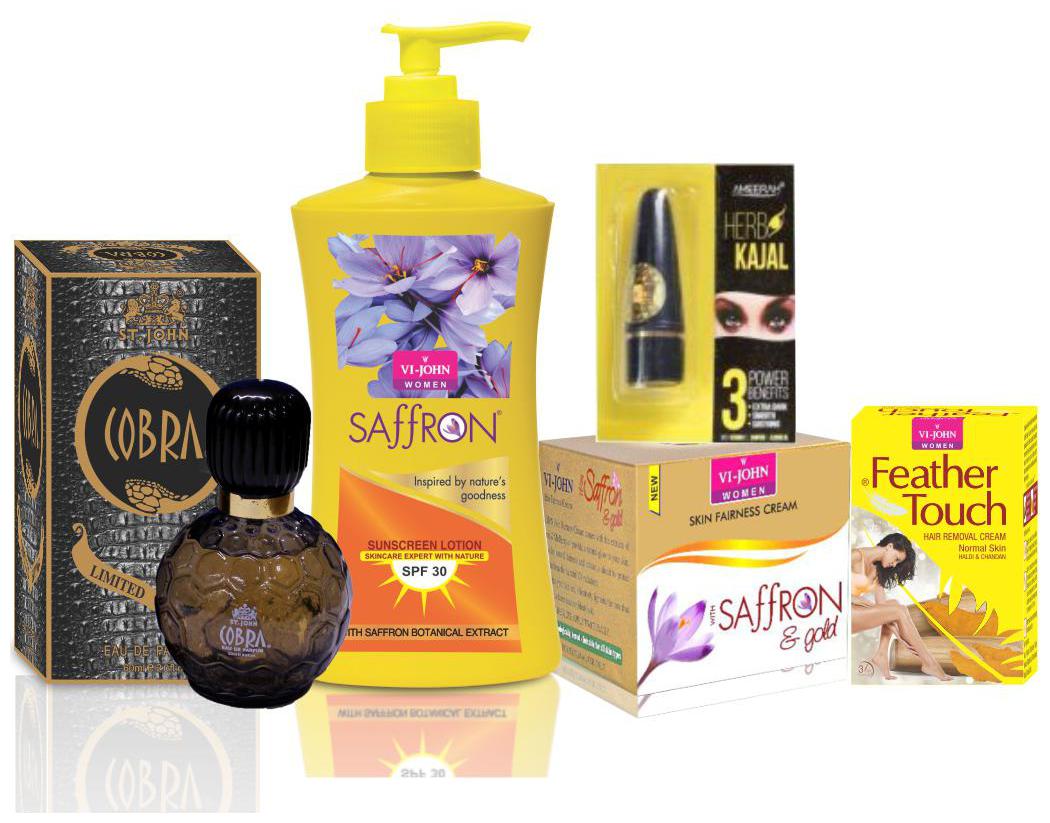 

VI-JOHN Women Care Kit (Hair Remover Haldi Chandan 40 g SAFFRON Gold FAIRNESS CREAM 50g SUNSCREEN BODY LOTION 250ml Perfume COBRA 60ml Kajal 2 5 g)