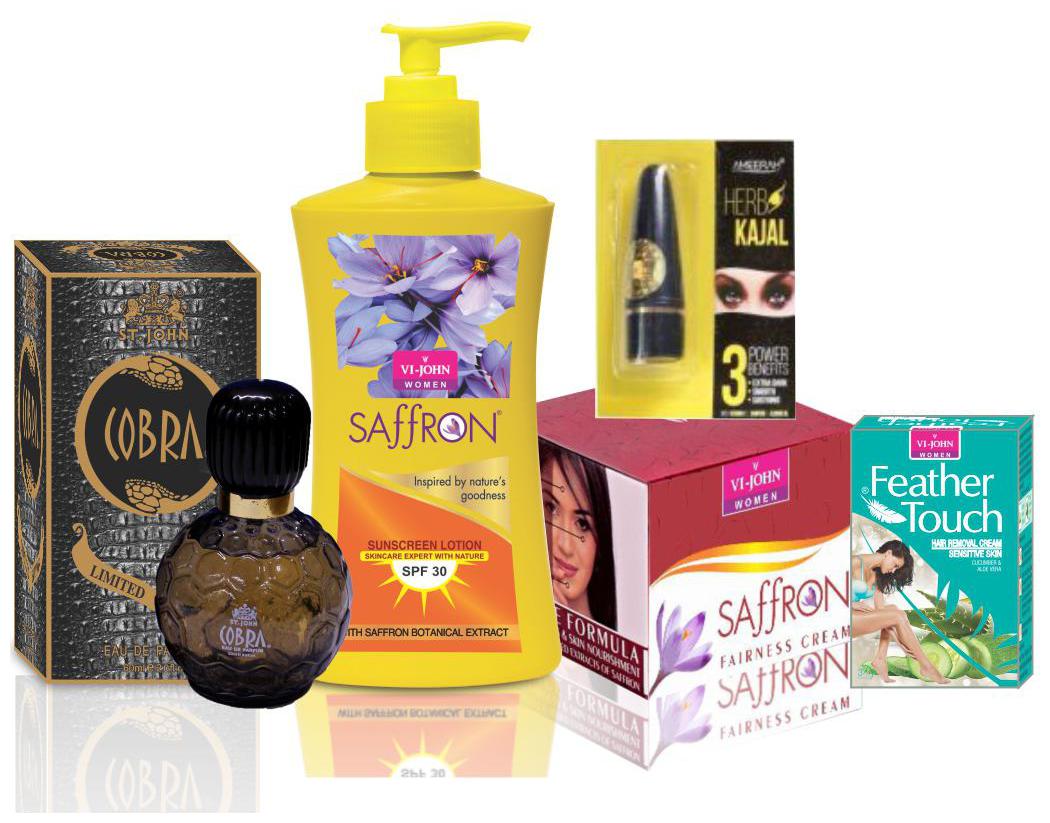

VI-JOHN Women Care Kit (Hair Remover Aloevera 40 g SAFFRON ADVANCE FAIRNESS CREAM 50g SUNSCREEN BODY LOTION 250ml Perfume COBRA 60ml Kajal 2 5 g)