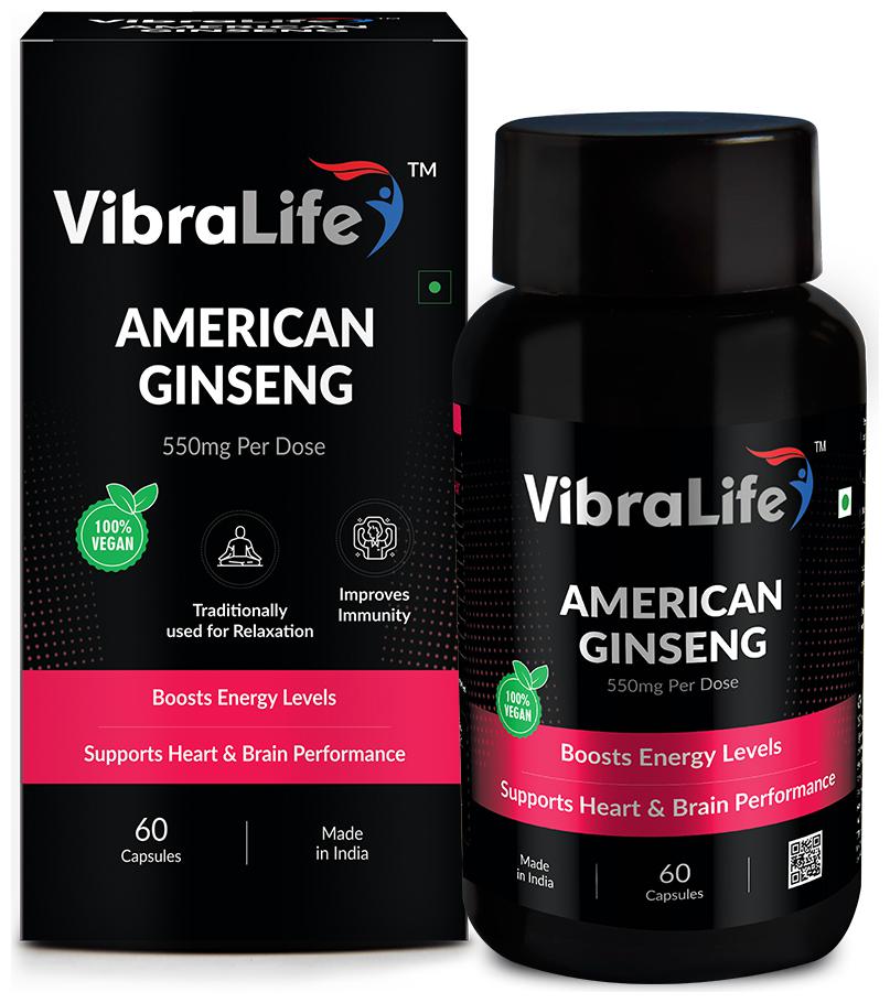

VibraLife American Ginseng 100 Vegan Capsules (American Ginseng 550mg) For Improved Brain Heart Performance Immunity Stamina 60 Capsules