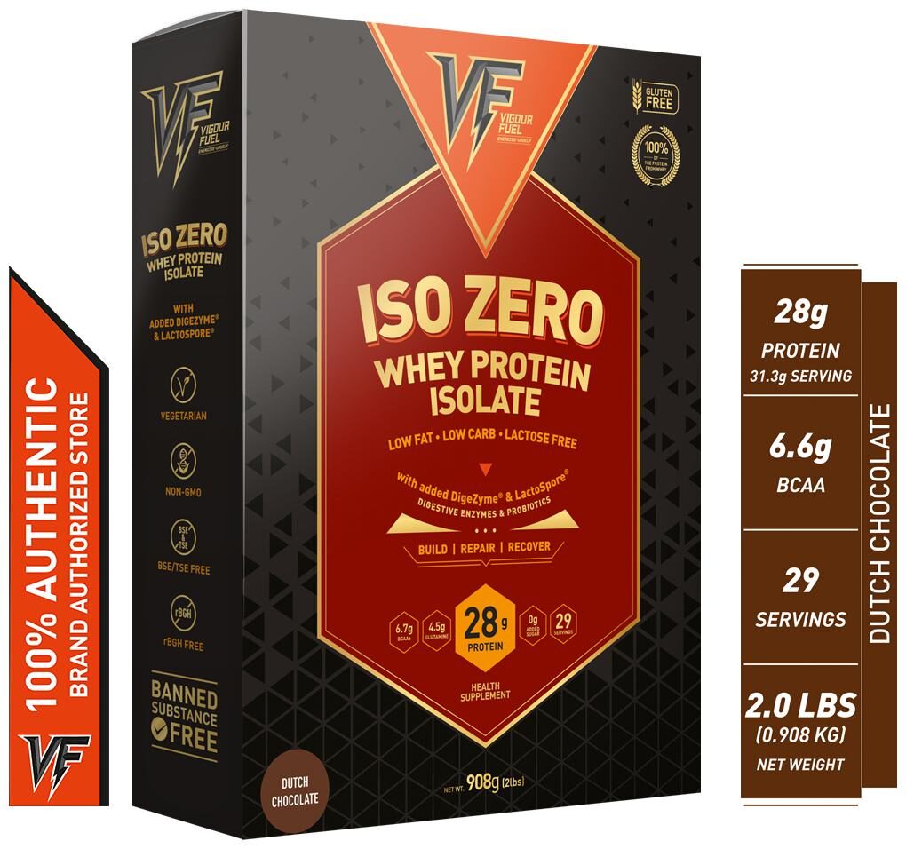 

Vigour Fuel Iso Zero Whey Protein Isolate Powder with Digestive Enzymes Probiotics-2 lbs (908 g) Dutch Chocolate