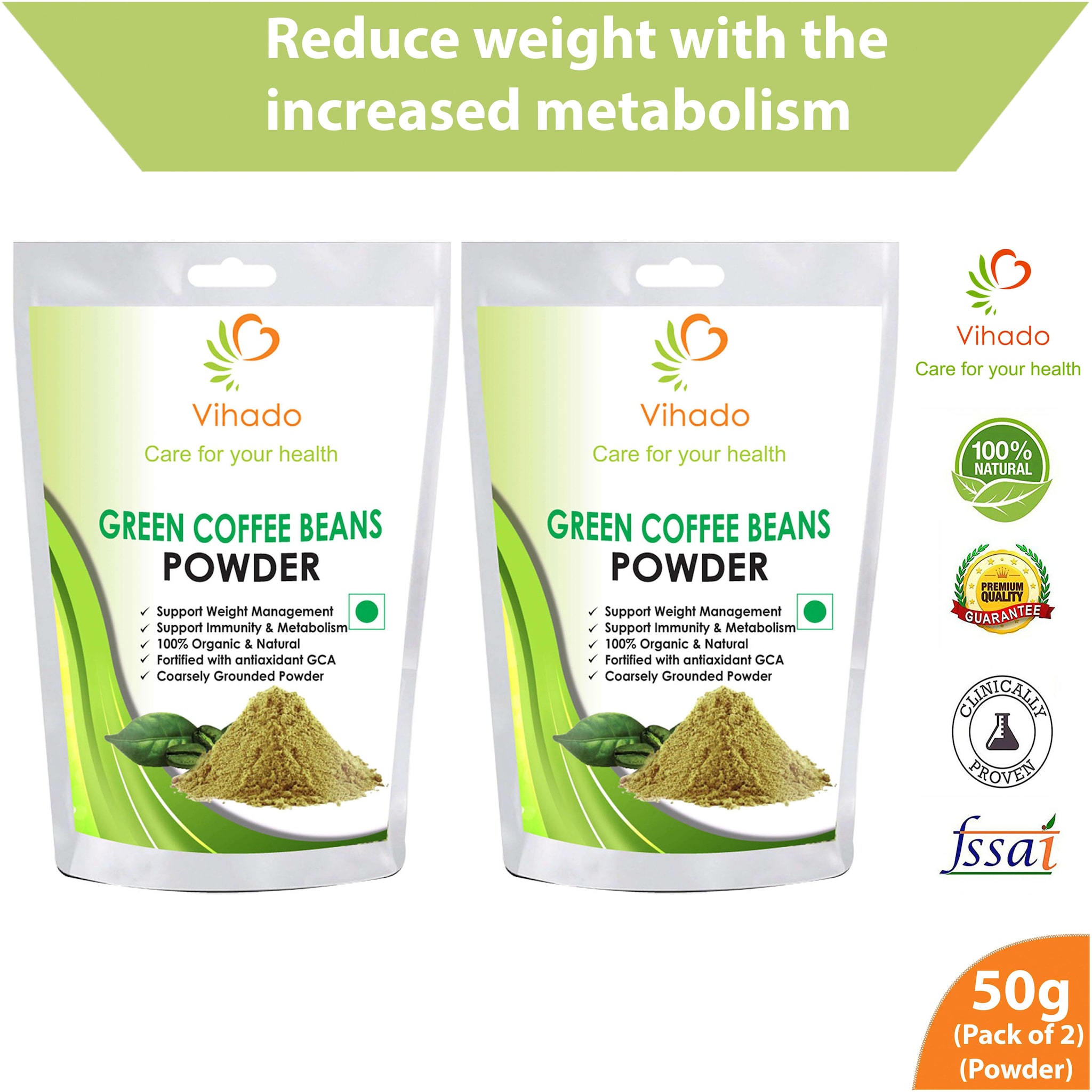 

Vihado 100 Natural Green Coffee Bean Powder For Weight Management - 50g (Pack of 2)