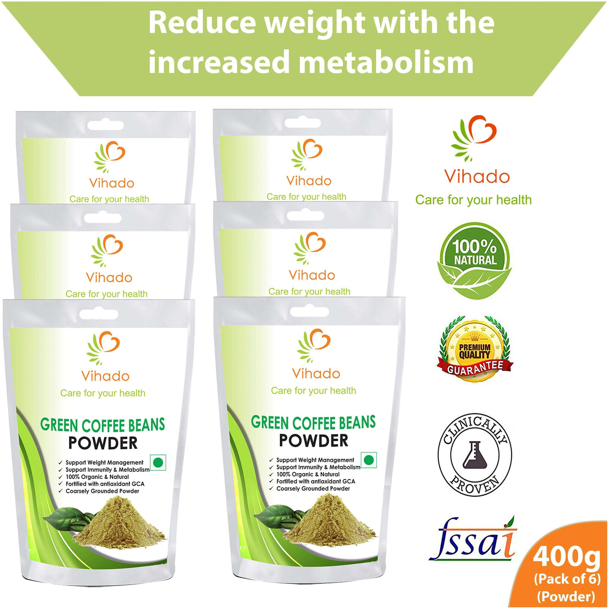 

Vihado 100 Pure And Organic Green Coffee Beans Powder - 400g (Pack Of 6)