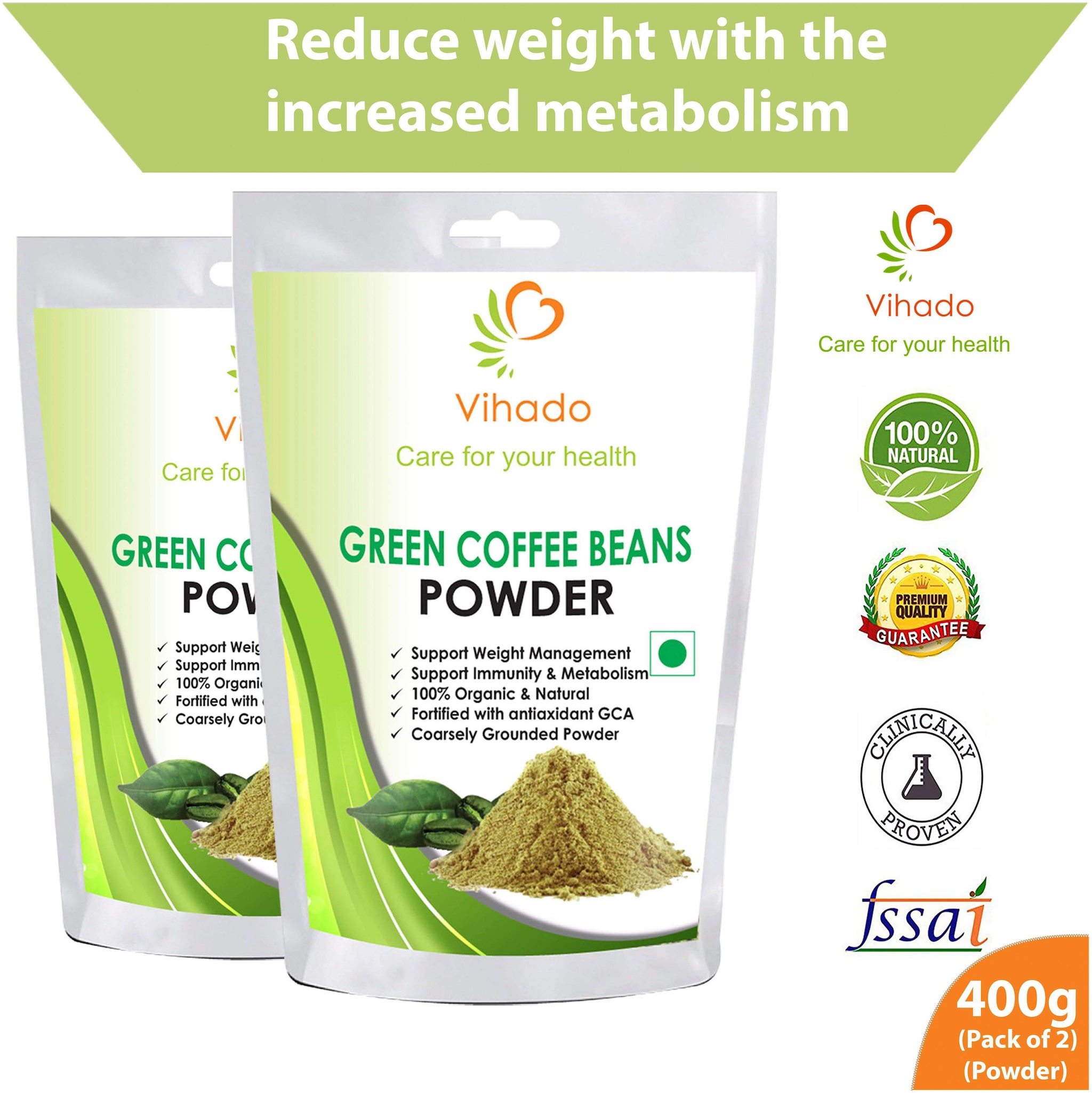 

Vihado Nutrition Green Coffee Beans Powder 400g for Weight Management (Pack of 2)