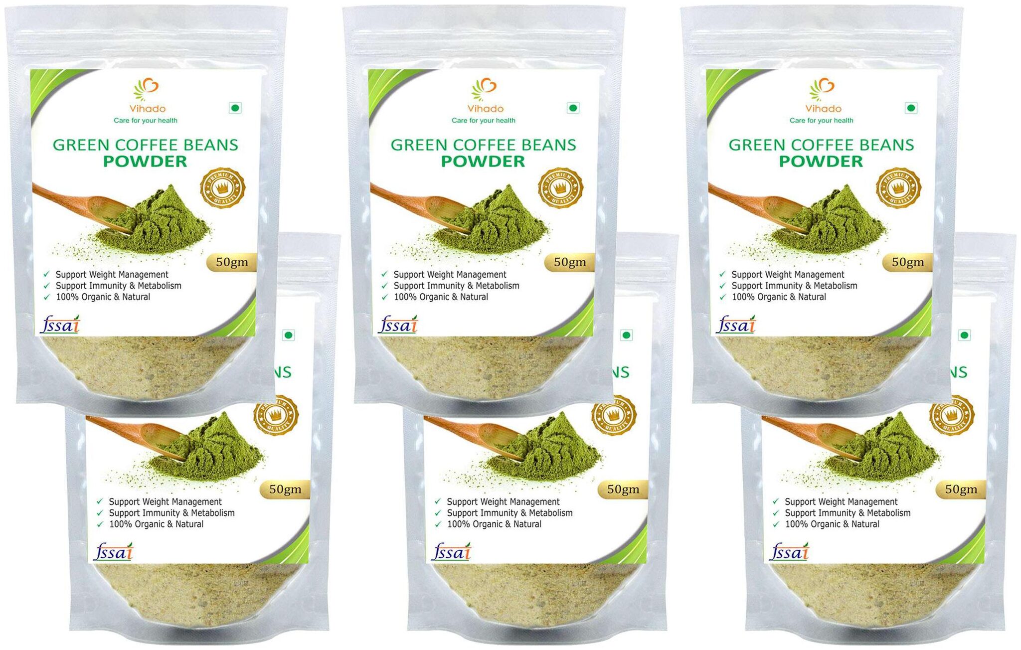 

Vihado Premium Quality Green Coffee Beans Powder Natural Pure Organic and Effective for Weight Loss (6 Pack of 50g)