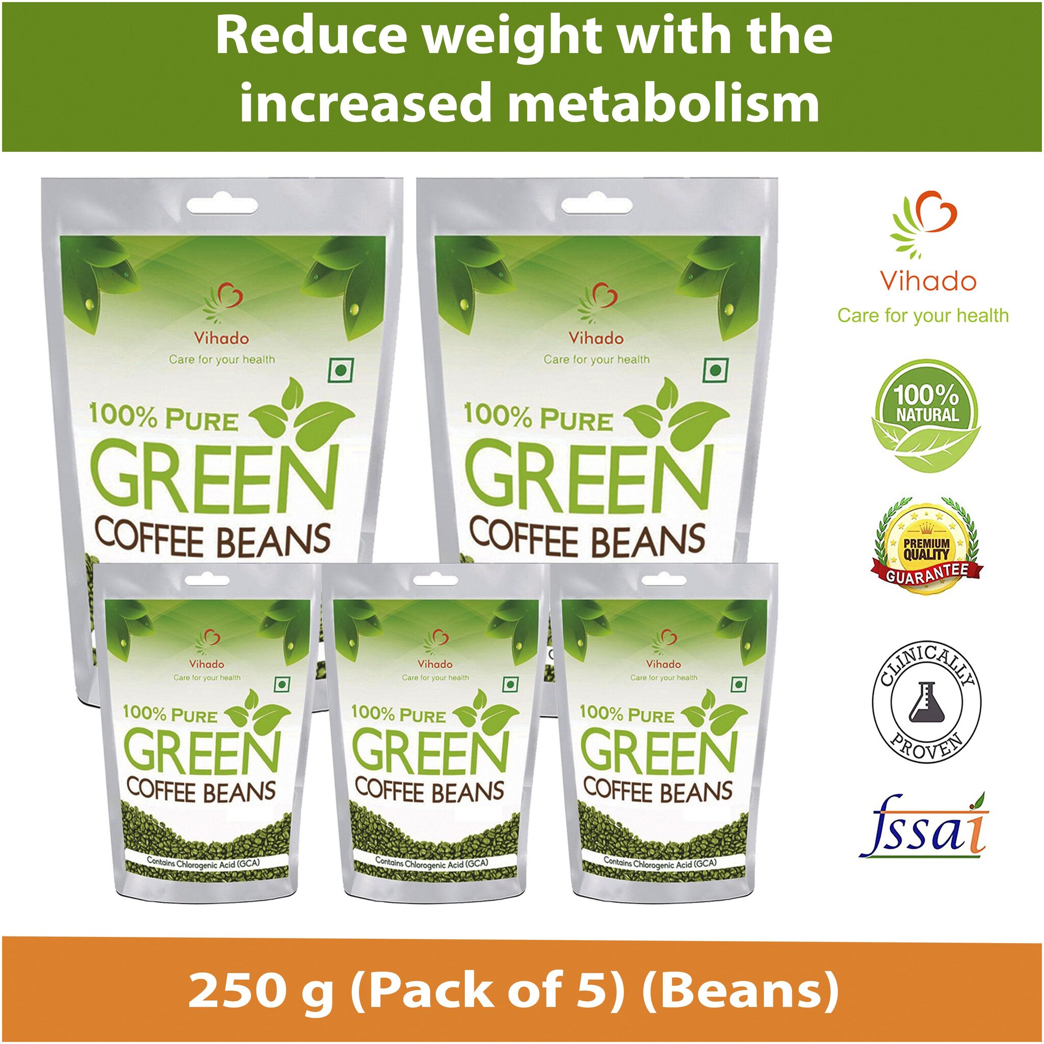 

Vihado Pure Arabica Green Coffee Beans 250g (Pack of 5)