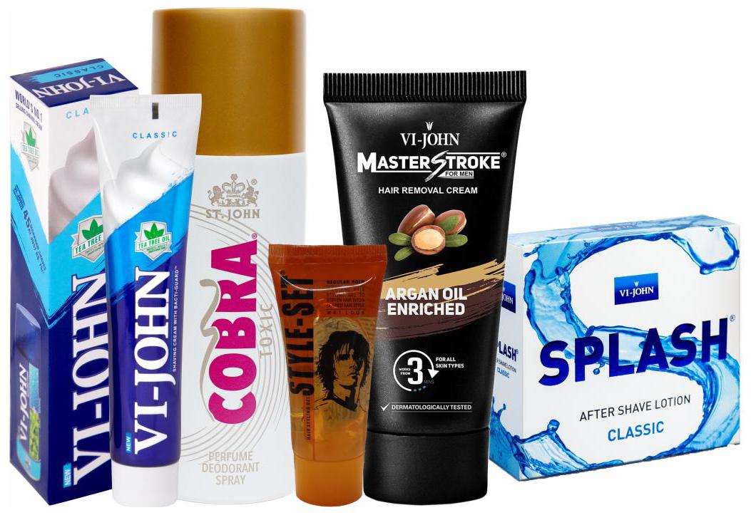 

VIJOHN Men Personal Gromming Kit (Shaving Cream ICY MINT 125g Master Stroke Hair Removal Argan 60g After shave Lotion SPLASH 50g Hair Gel 25g Deo Cobra Toxic 150ml )