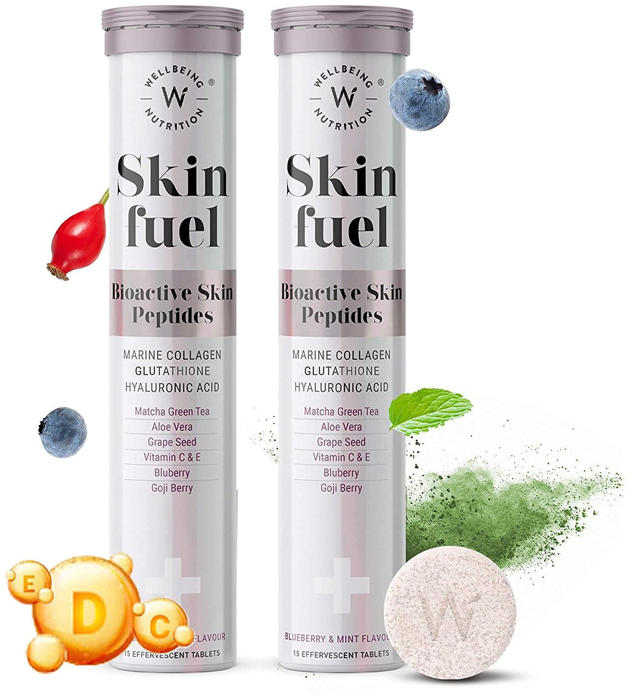 

Wellbeing Nutrition Skin Fuel Marine Collagen L-Glutathione Hyaluronic Acid Matcha Green Tea Aloe Vera Grape Seed Vit E 15 Tablets (Pack Of 2)