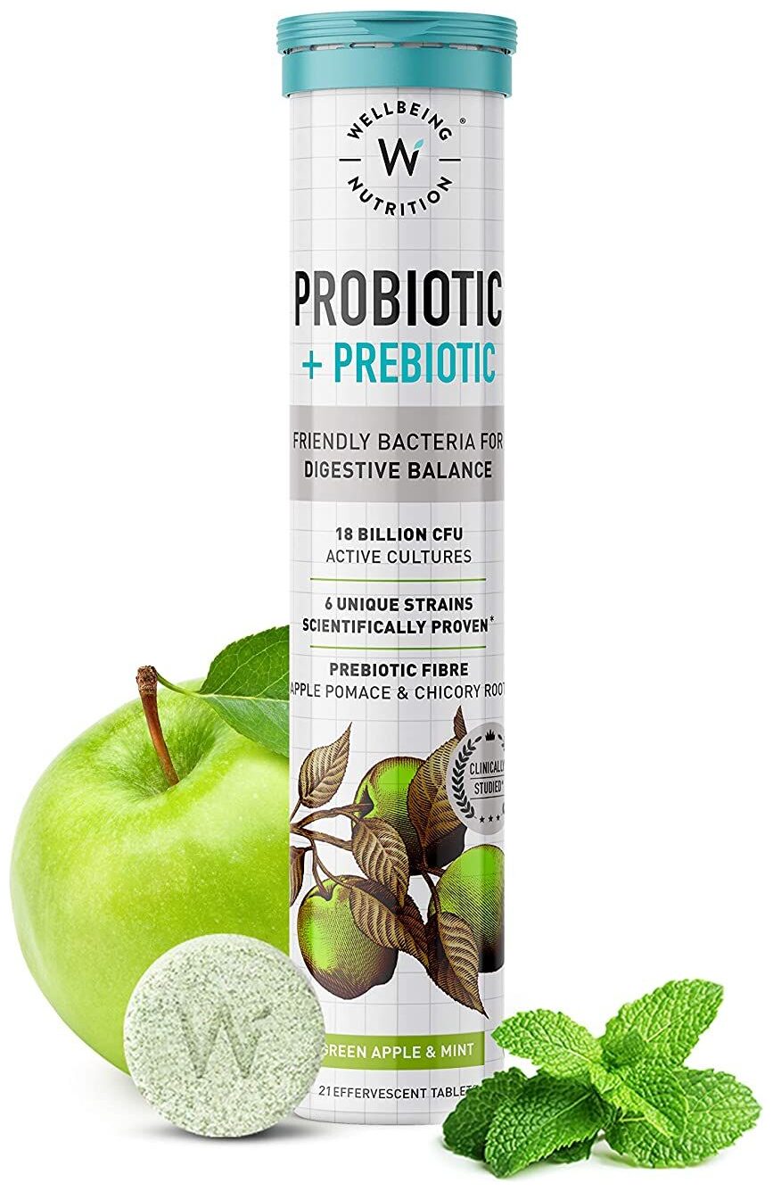 

Wellbeing Nutrition Daily Probiotic Prebiotic Plant Based 36 Billion CFU 6 Strains for Men Women with Organic Prebiotic Fiber for Digestion Gut Health Metabolism 21 Effervescent Tabs