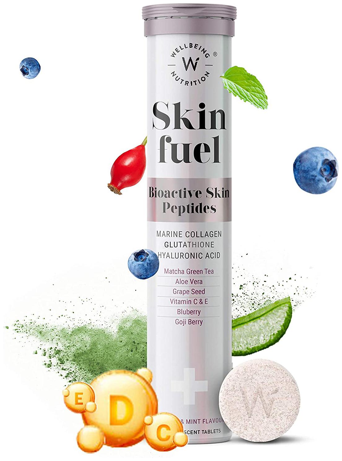 

Wellbeing Nutrition Skin Fuel Marine Collagen L-Glutathione Hyaluronic Acid Matcha Green Tea Aloe Vera Grape Seed Vit E 15 Tablets (Pack Of 1)
