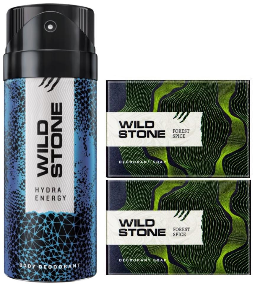 

Wild Stone Hydra Energy Deodorant(150ml ) and 2 Forest Spice Soap(125g ) Pack of 3