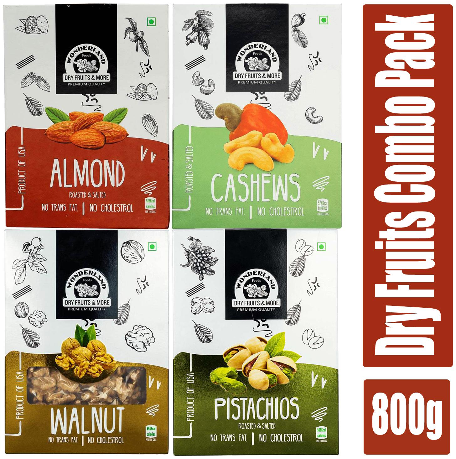 

Wonderland Dry Fruits Super Saver (Roasted Almonds Roasted Cashews Roasted Pista Walnut Kernels) 800g (Pack Of 4)