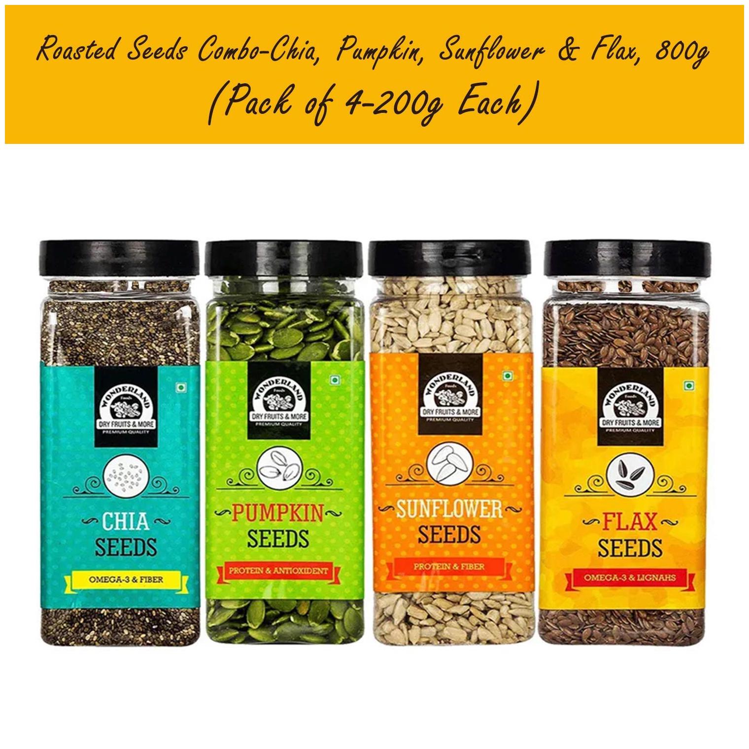 

Wonderland (Roasted Chia Seeds 200 G Roasted Pumpkin Seeds 200 G Roasted Sunflower Seeds 200 G Roasted Flax Seeds 200 G) (Pack Of 4)