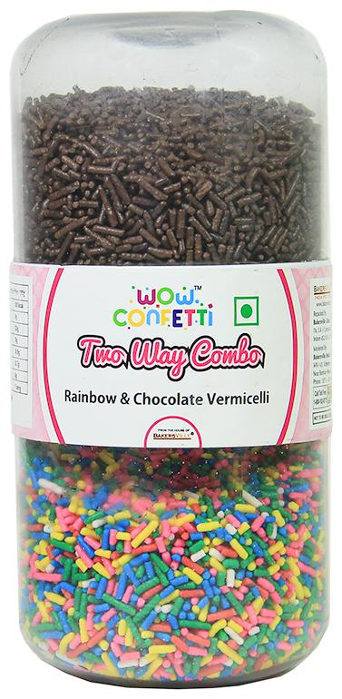 

Wow Confetti 2 Way Combo Jar Vermicelli Rainbow Chocolate 300g (Pack Of 1)
