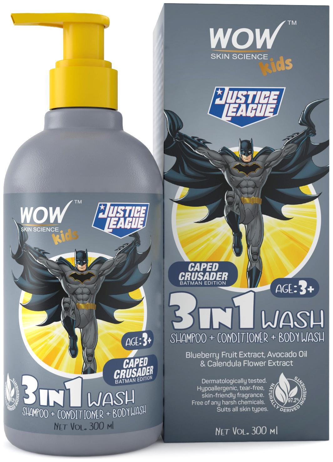 

WOW Skin Science Kids 3 in 1 Wash Shampoo Conditioner Body Wash Caped Crusader Batman Edition No Parabens Color Mineral Oil Silicones Sulphate 300 ml (Pack of 1 )