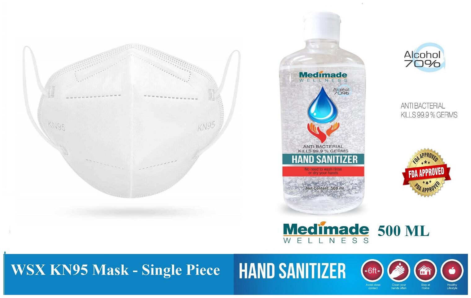 

WSX KN95 Anti Pollution Activate Virus Protection Mask-(Pack of 1) with Free Medimade 500 ml Sanitizer -70 Alcohol FDA Approved